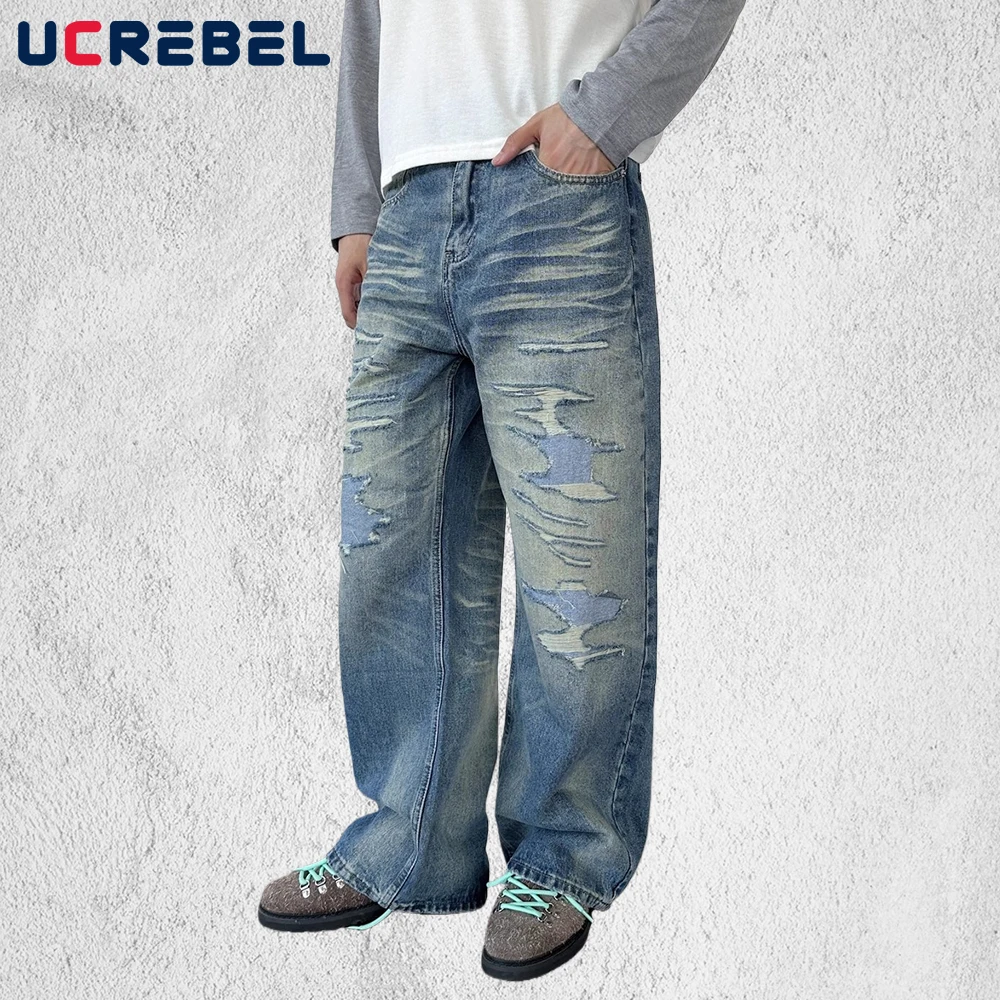 

Ретро разрушенные джинсы мужские уличные потертые потертые прямые широкие мешковатые джинсовые брюки мужские