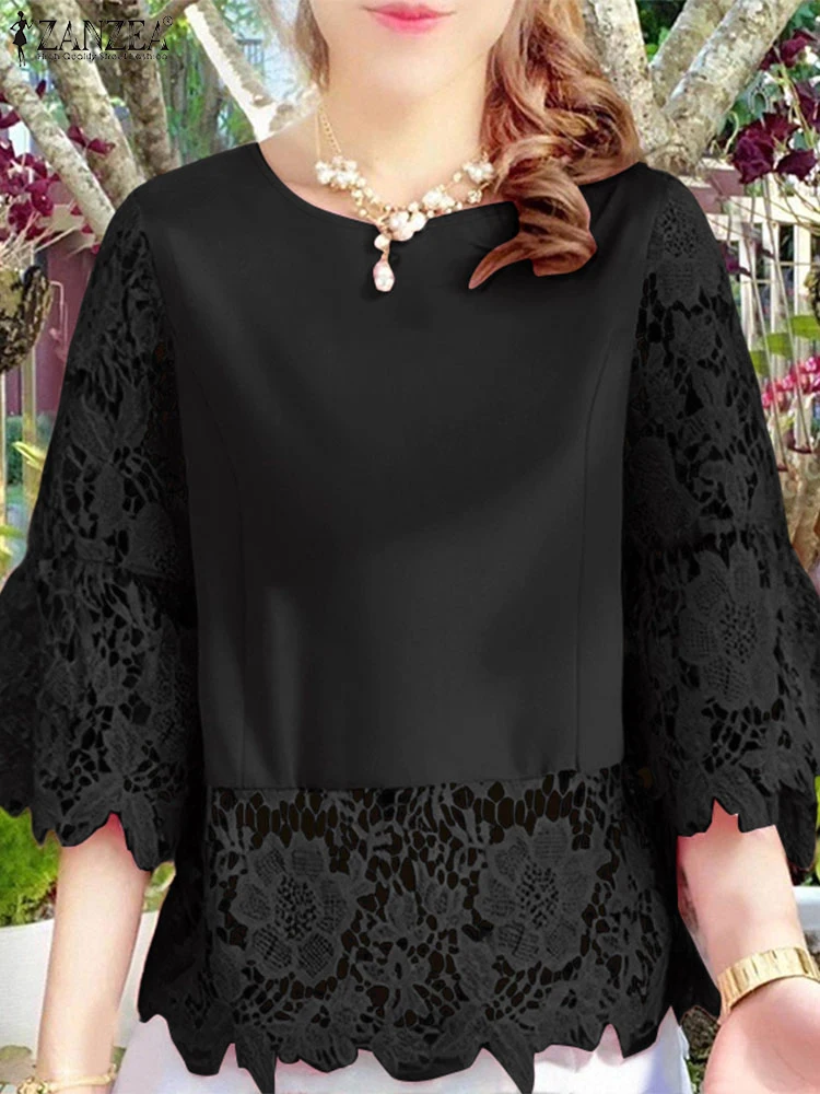 

ZANZEA 2025 Summer Lace Patchwork Blusas Mujer Women Elegant O-Neck Hollow Out Tunic Tops Vacation Woman 3/4 Sleeve Blouses