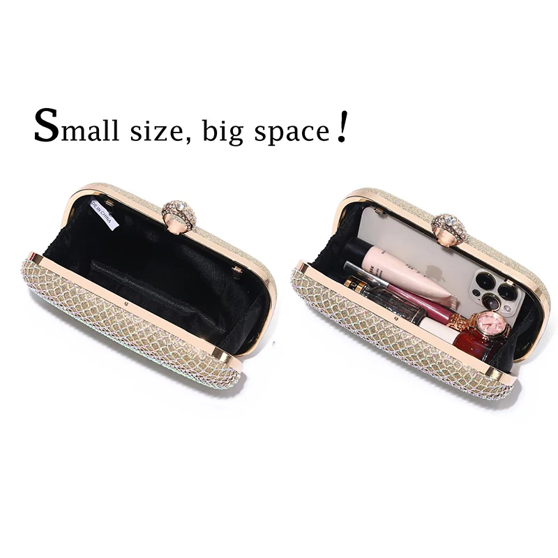 Gold Rhinestone Clutch Handbag with Crystal Diamond Ring Clasp Luxury Bride Bridesmaid Wedding Party Formal Purses Shoulder Bag