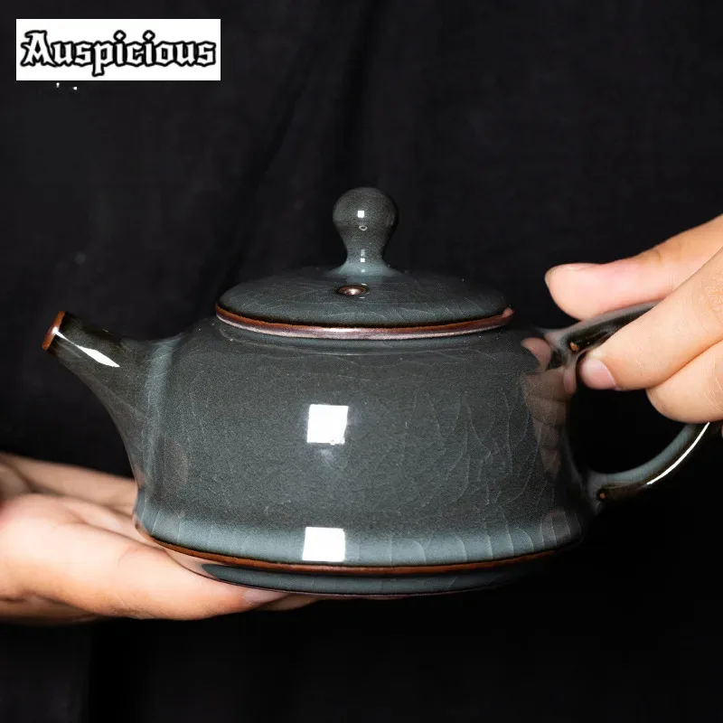 215ml Handmade Longquan Celadon Teapot Creative Ge Kiln Iron Body Pot Ice Cracking Tea Soaking Kettle Kung Fu Teaset Gift Box