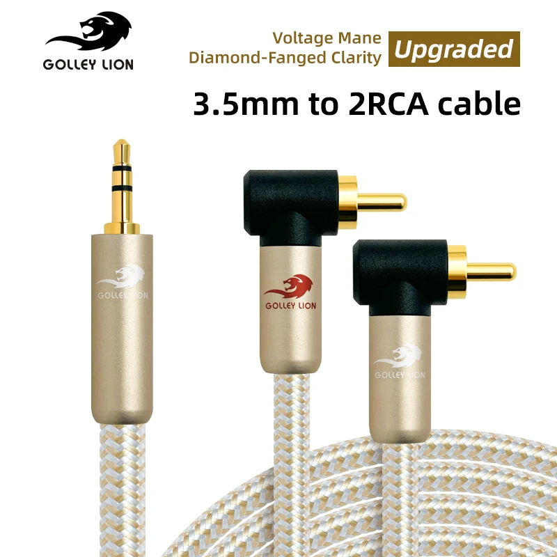 3.5mm to 2RCA Cable - Transmits High-Fidelity Stereo, 90° Angle + Durable Braid, for Record Player/CD Player/Home Audio Setup