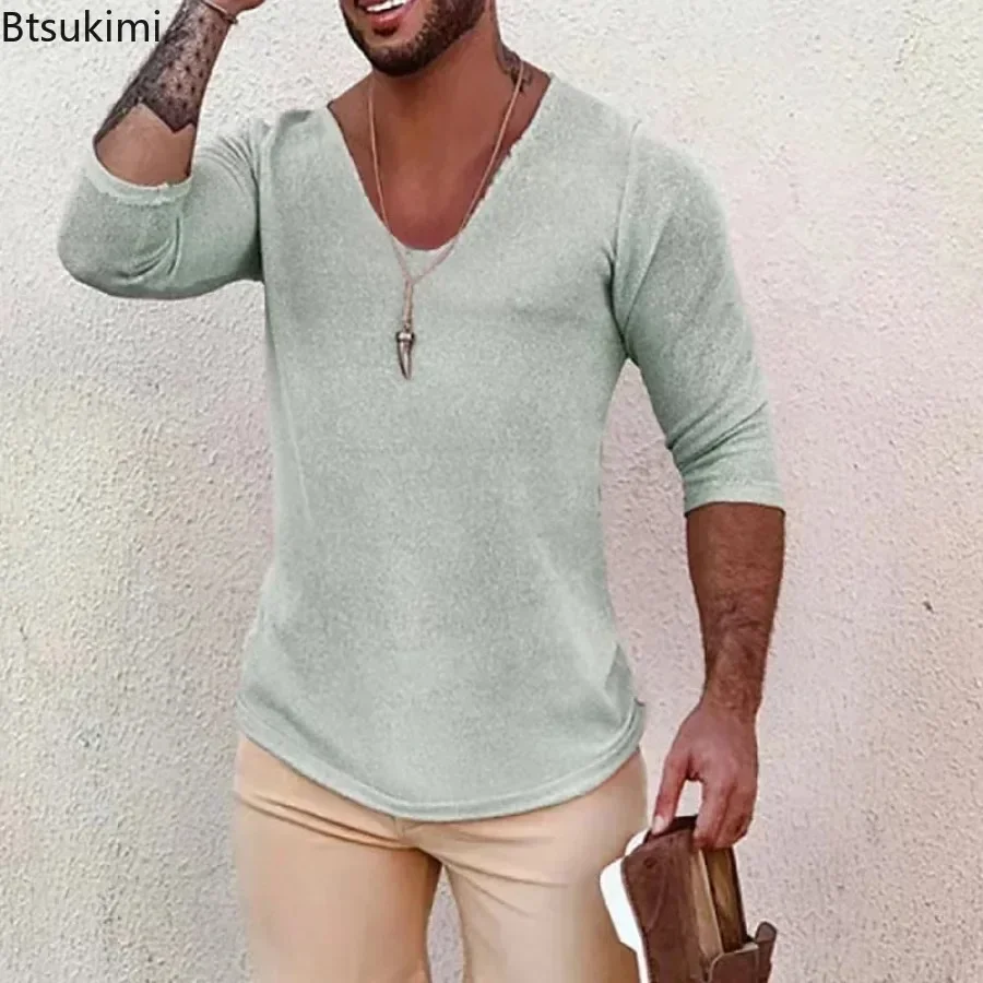 2025 Suéteres de punto de manga larga informales para hombre, ropa de estilo fino para primavera y otoño, jersey de punto con cuello en V sólido,