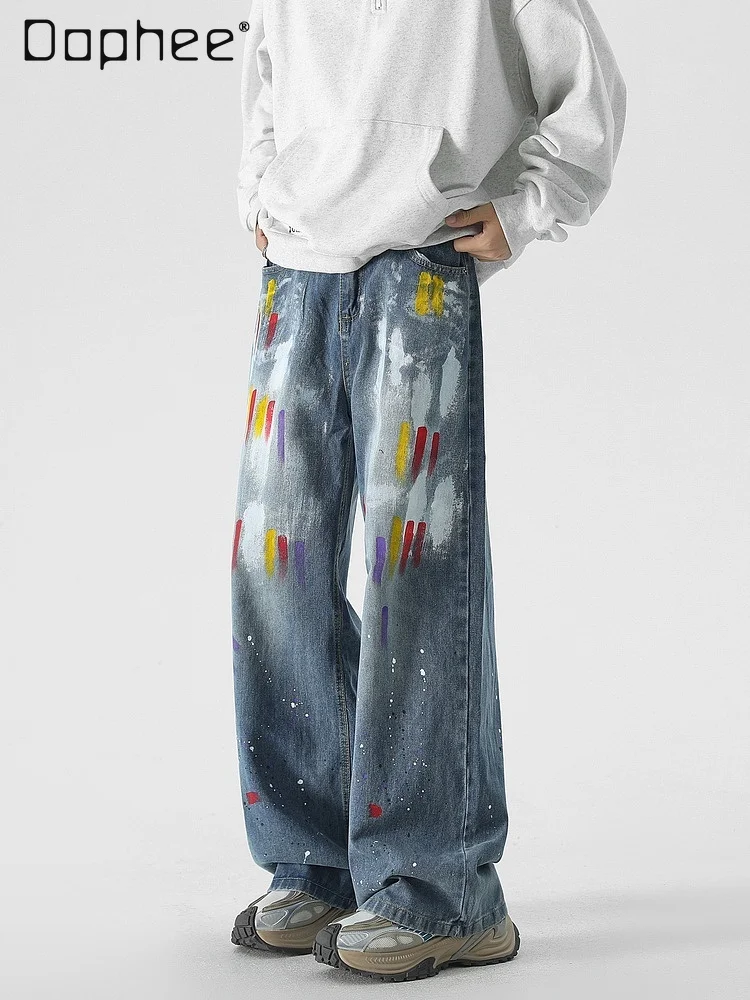

2025 Spring and Autumn New Men's Ink Splash Graffiti Design High Waist Loose Casual Straight Wide-Leg Long Blue Jeans