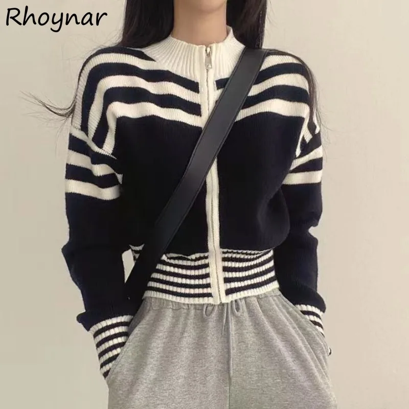 

Striped Cardigan Women Stand Collar Zippers Retro Crop Slimming Tops Long Sleeve Knitted Cozy High Street Autumn College Chic