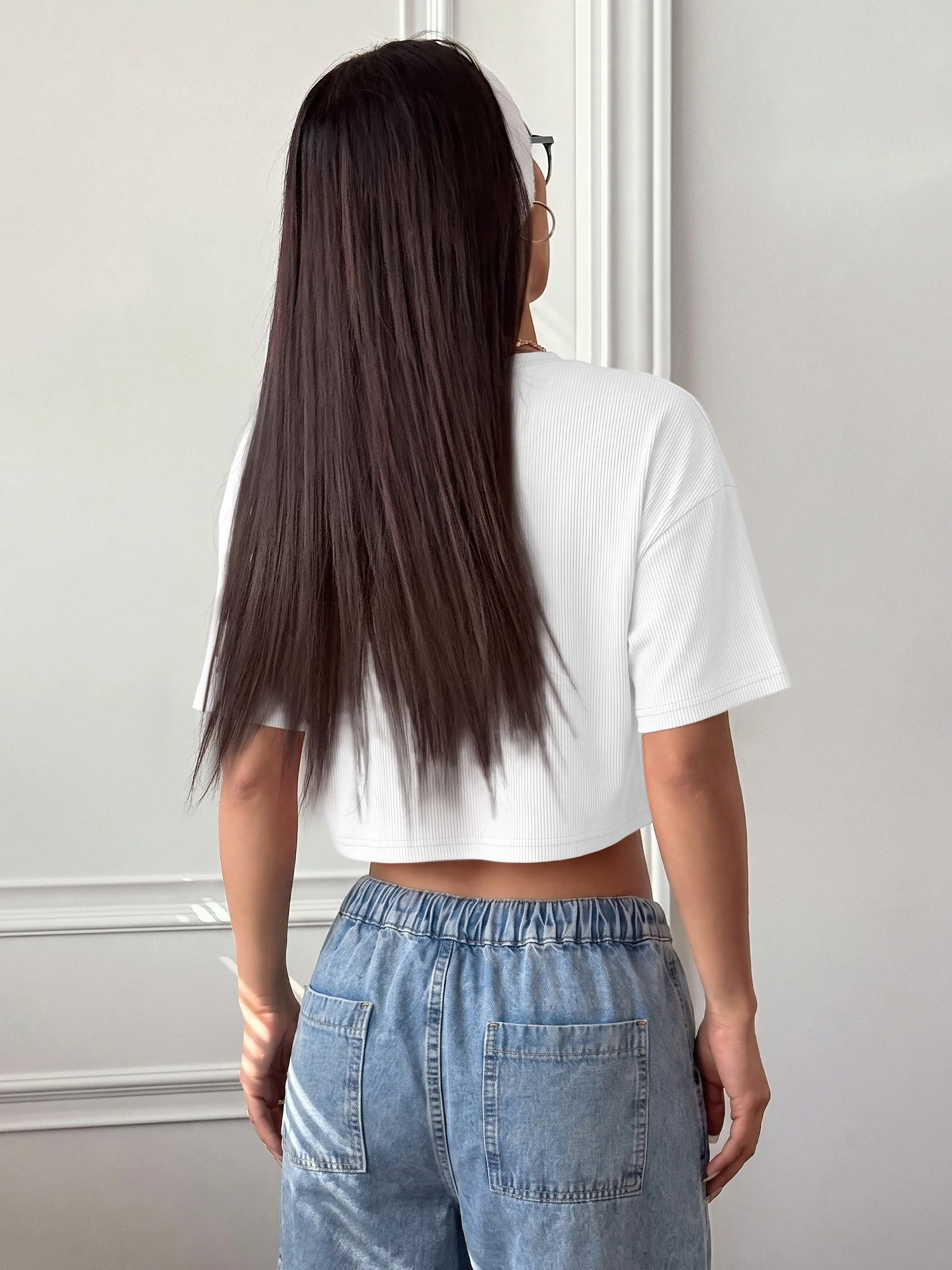 Women Vertical Striped Ribbed Cropped T-shirt Y2K Aesthetic Round Neck Short Sleeve Street Tops