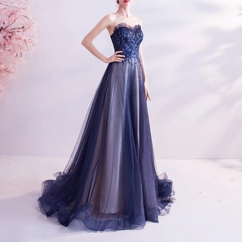 Customized Customized Decal Blue Starry Wedding Party Dress 2024 New Dinner Long Trailing Birthday Party Strapless Prom Dresses