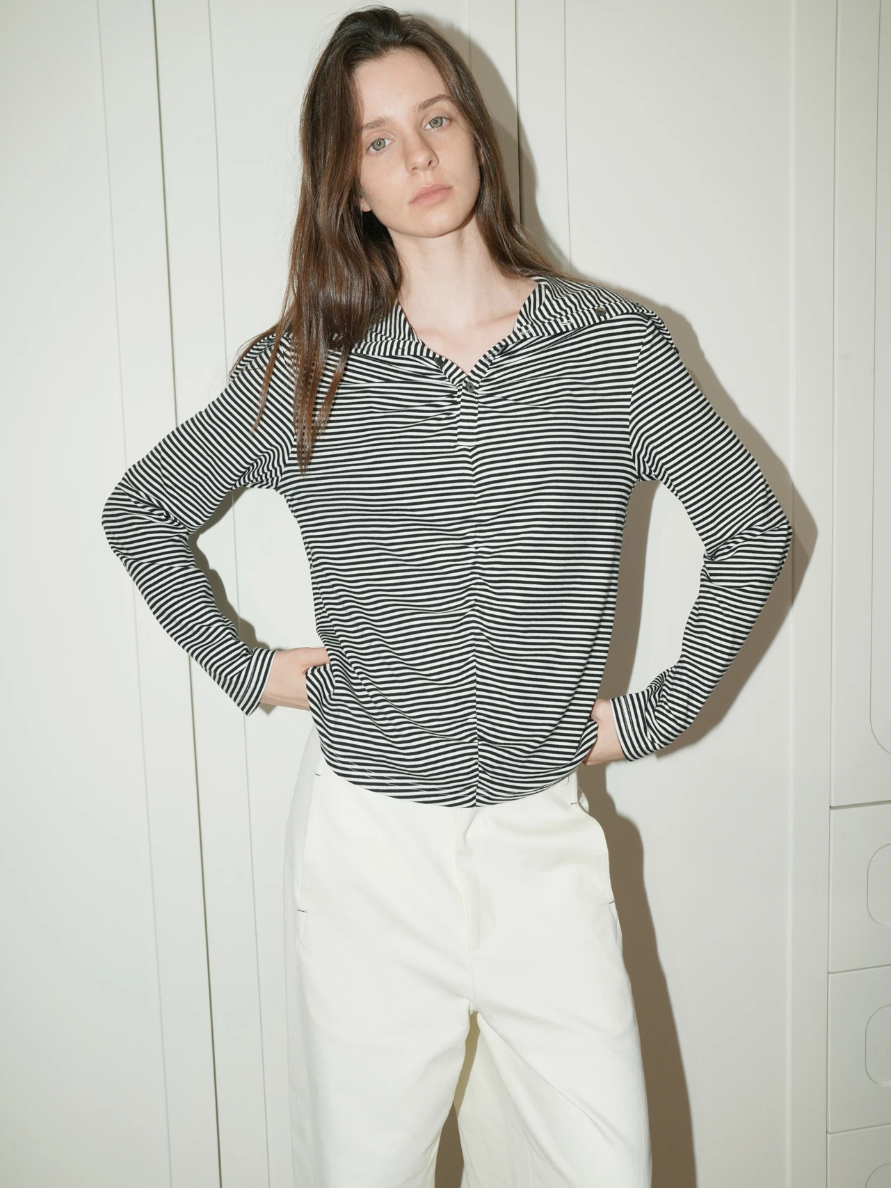 UNNNSAD Women's High Collar Striped Base Shirt Mixed Fiber Elastic Casual Style Straight Tube Long Sleeve T-shirt