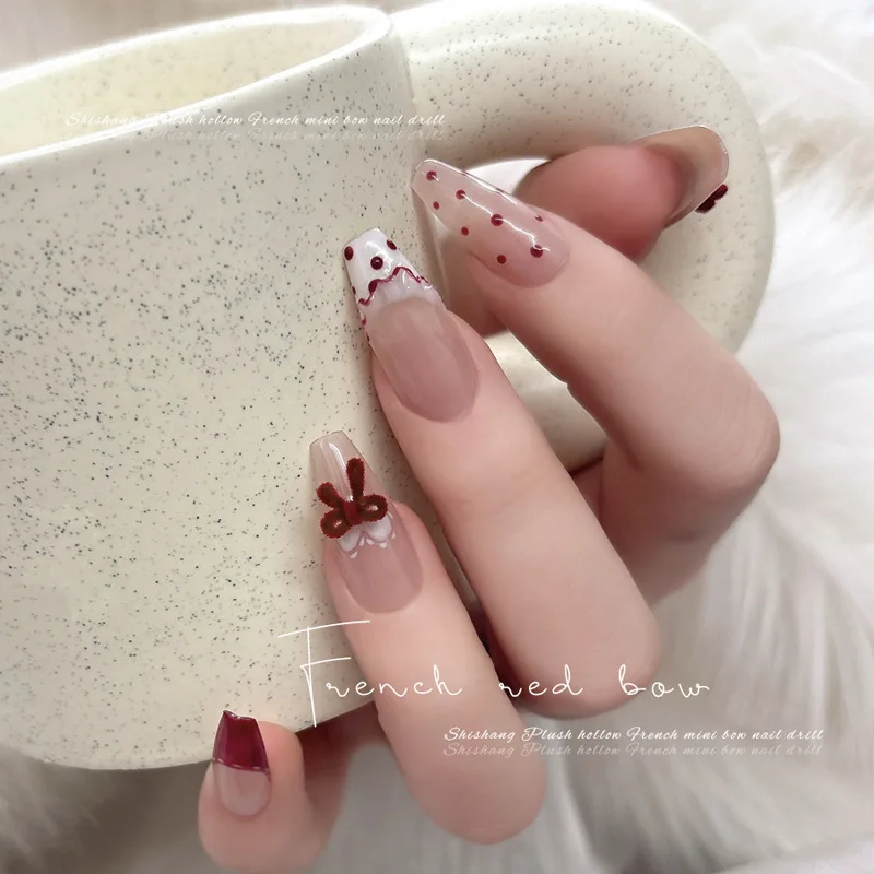 40PCS Wine Red Flocking 3D Nail Art Bow Tie Charms Furry Bowkont Accessories For Manicure Decor Fluffy Nails Decoration Supplies