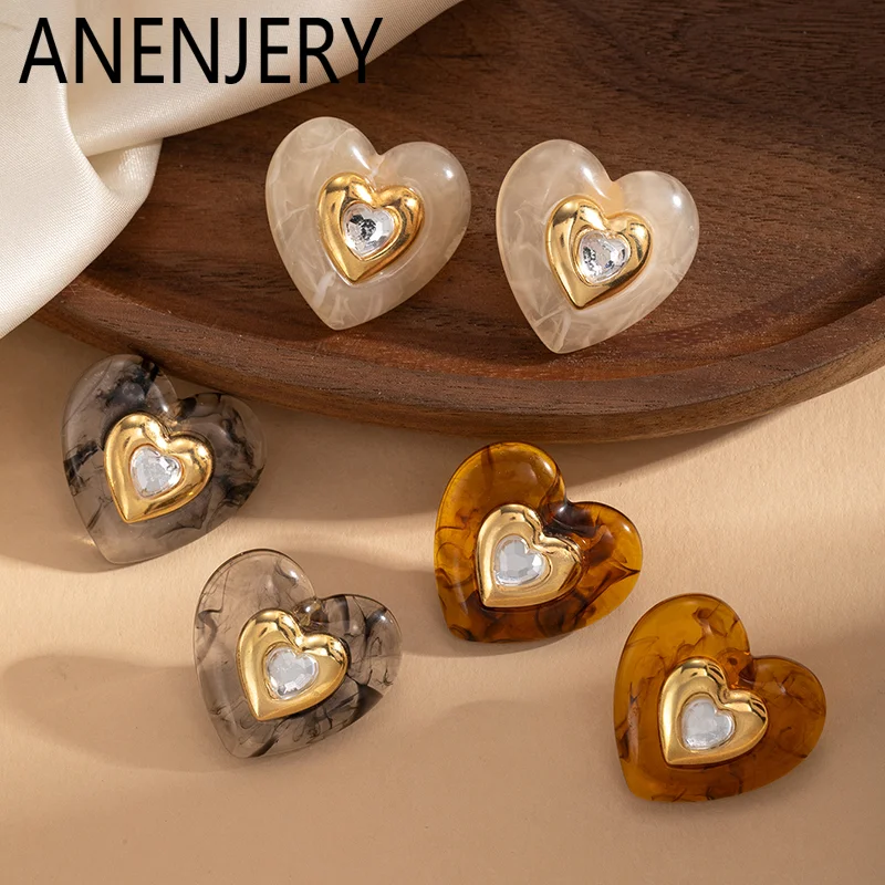 ANENJERY 316L Stainless Steel Heart Zircon Stud Earrings For Women Personality Temperament Luxury Niche Simple Jewelry Gift