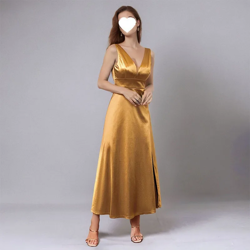 

Summer New Brown Dress with V-neck High Waist Split Evening Dress A-line Skirt Mid length Dress High Grade Elegance