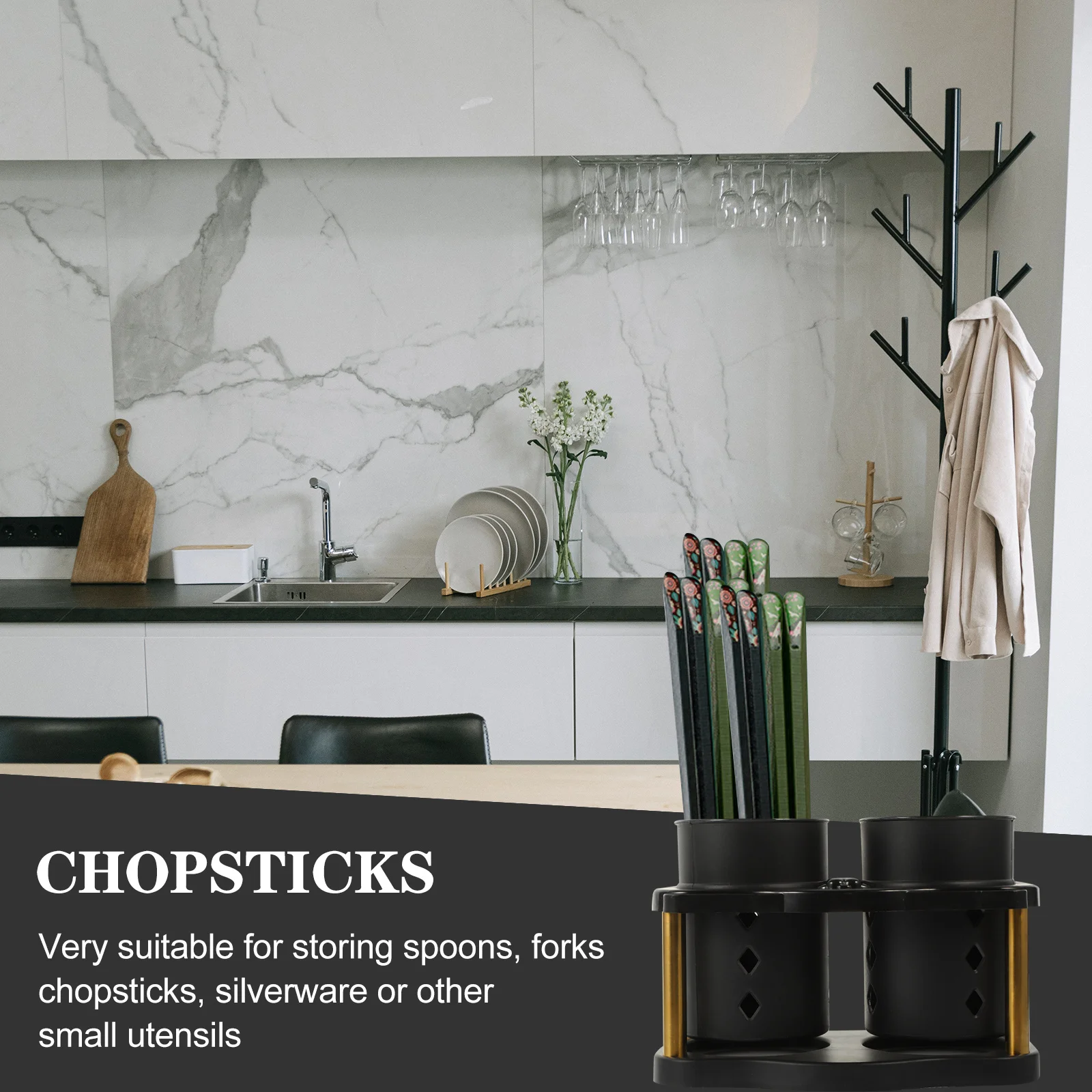 

2Pcs Kitchen Chopsticks Holder Stainless Steel Cutlery Organizer Drain Basket Multi-Function Kitchen Utensil Container Black