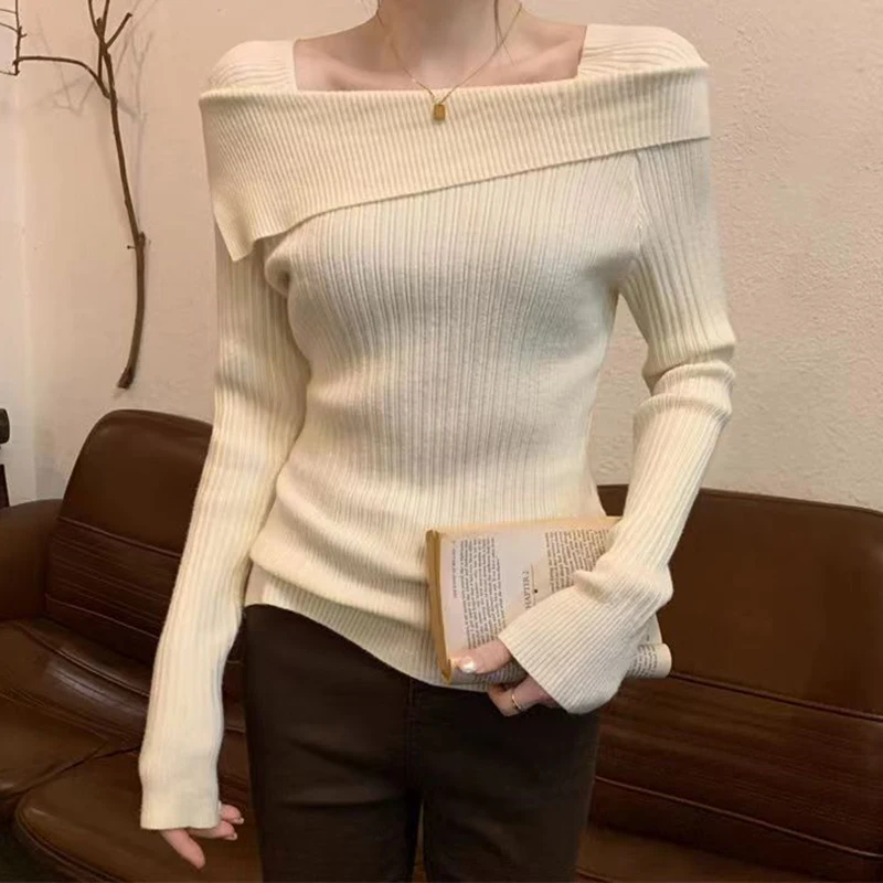 HELIAR Women Off Shoulder Knit Sweater Slash Neck Long Sleeve Slim Knitwear Jumpers Office Sweater For Women 2024 Autumn Winter