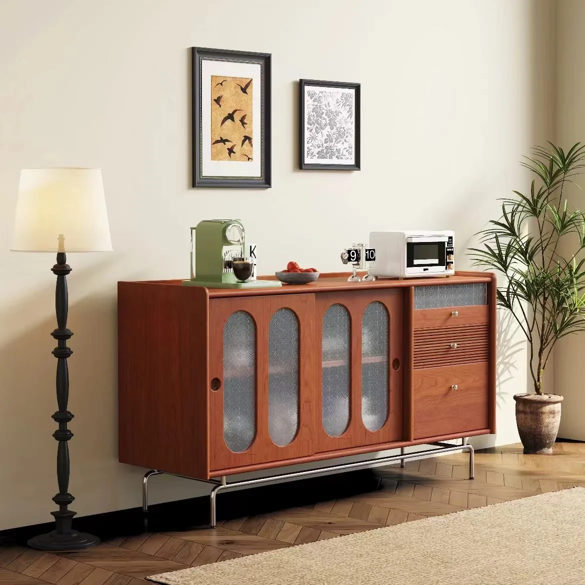 

Retro solid wood dining side cabinet integrated against the wall