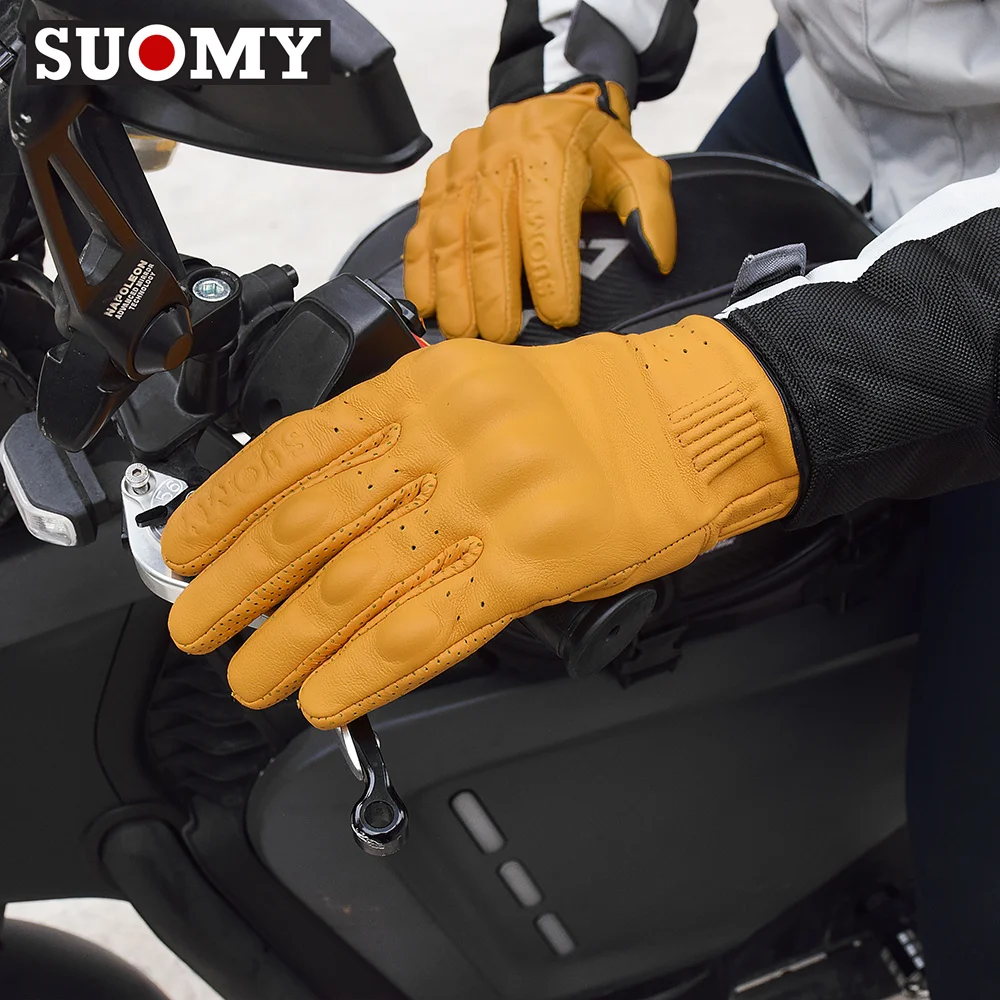 

SUOMY Retro Leather Motorcycle Gloves Man Touchscreen Motocross Riding Gloves Shock-absorbing Anti-fall Moto Gloves Breathable