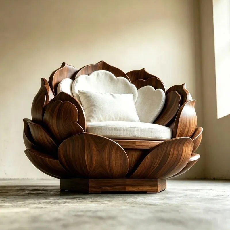 Modern Zen Style Black Walnut Balcony Peony Flower Single Seat Solid Wood Sofa with Sponge Filler for Family Hotel Villa 2026