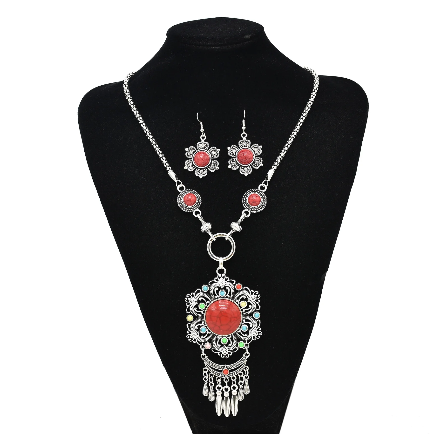 Gypsy Tibetan Silver Metal Hollow Flower Necklaces Earrings Sets for Women Bohemian Turkish Tribal Afghan Stone Jewelry Sets