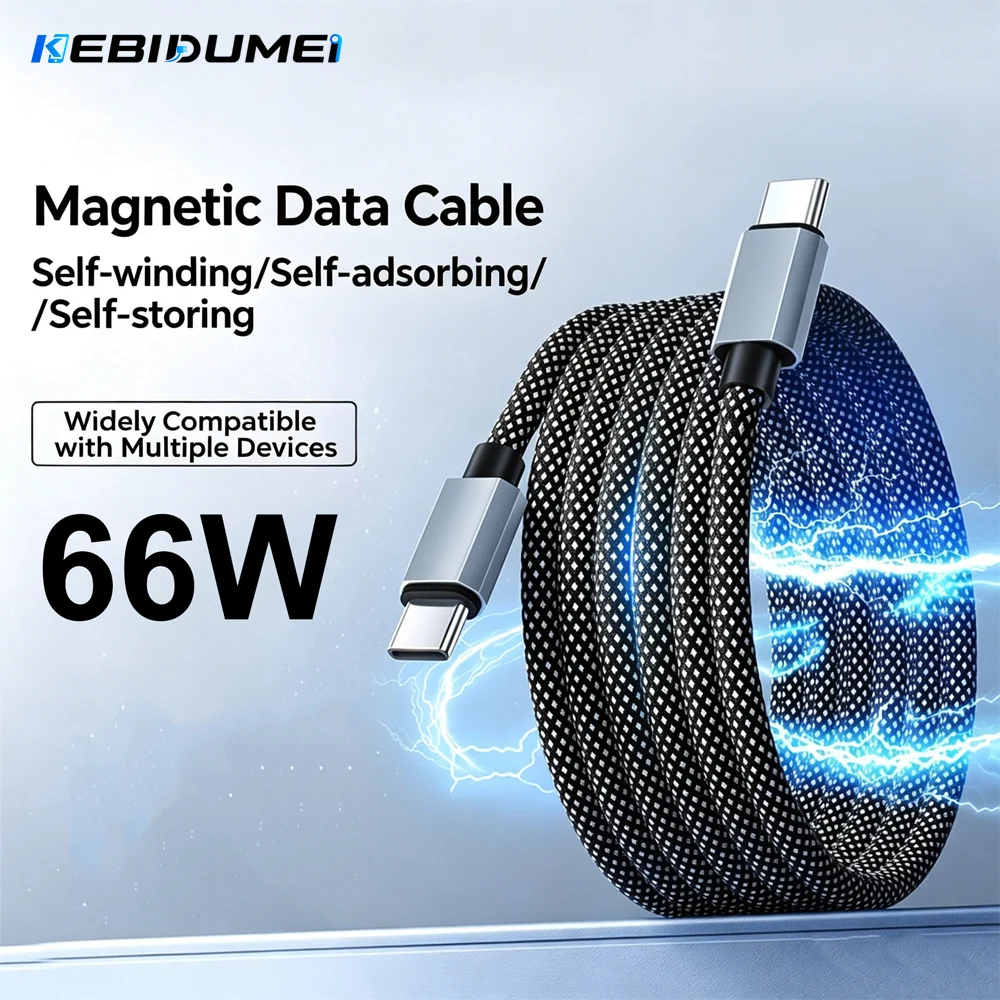 KEBIDUMEI 66W Type C to Type C Magnetic Suction Anti Winding Fast Charging Cable 1M USB Phone Data Charge Cable for Phone