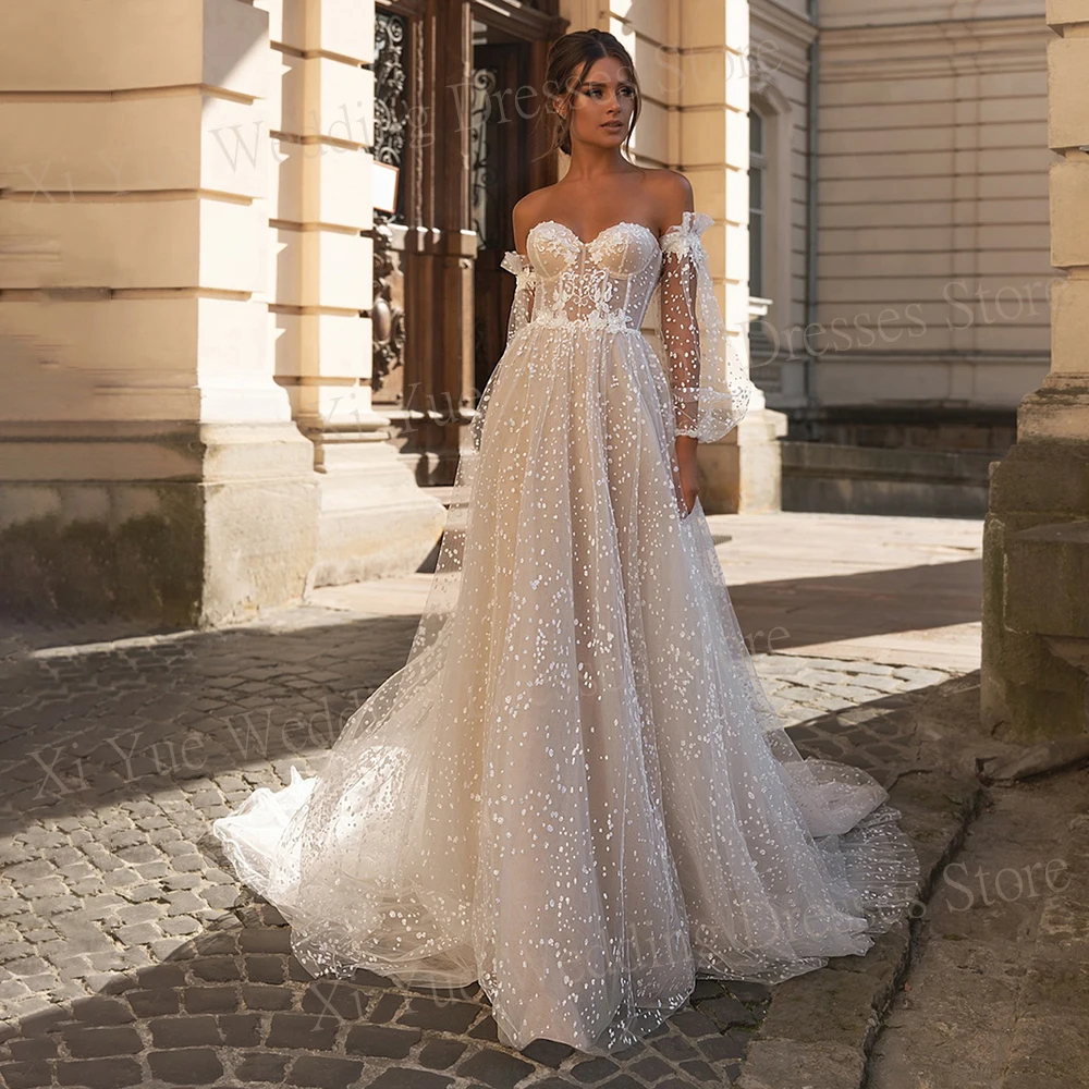 Sexy Sweetheart Strapless Wedding Dresses Backless New Glitter Dot Tull Bride Gowns  A-Line Long Puff Sleeves Robe De Marié 2024