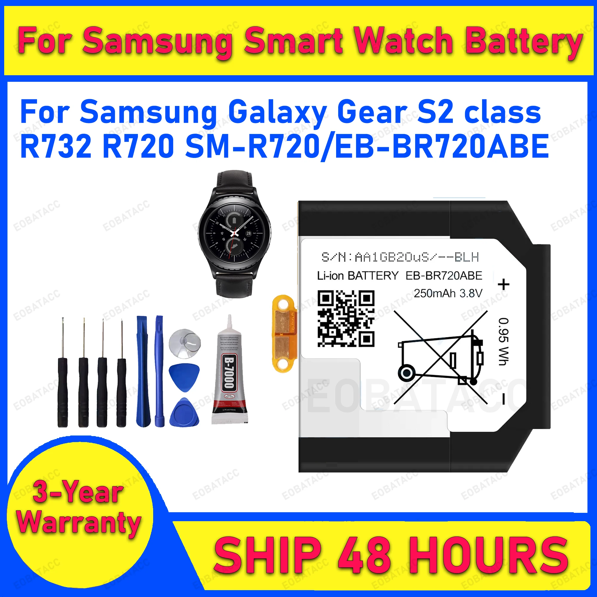 

2025 лет EOBATACC 100% новый аккумулятор EB-BR720ABE для Samsung Gear S2 classic R732 R720 SM-R720 250 мАч + бесплатные инструменты