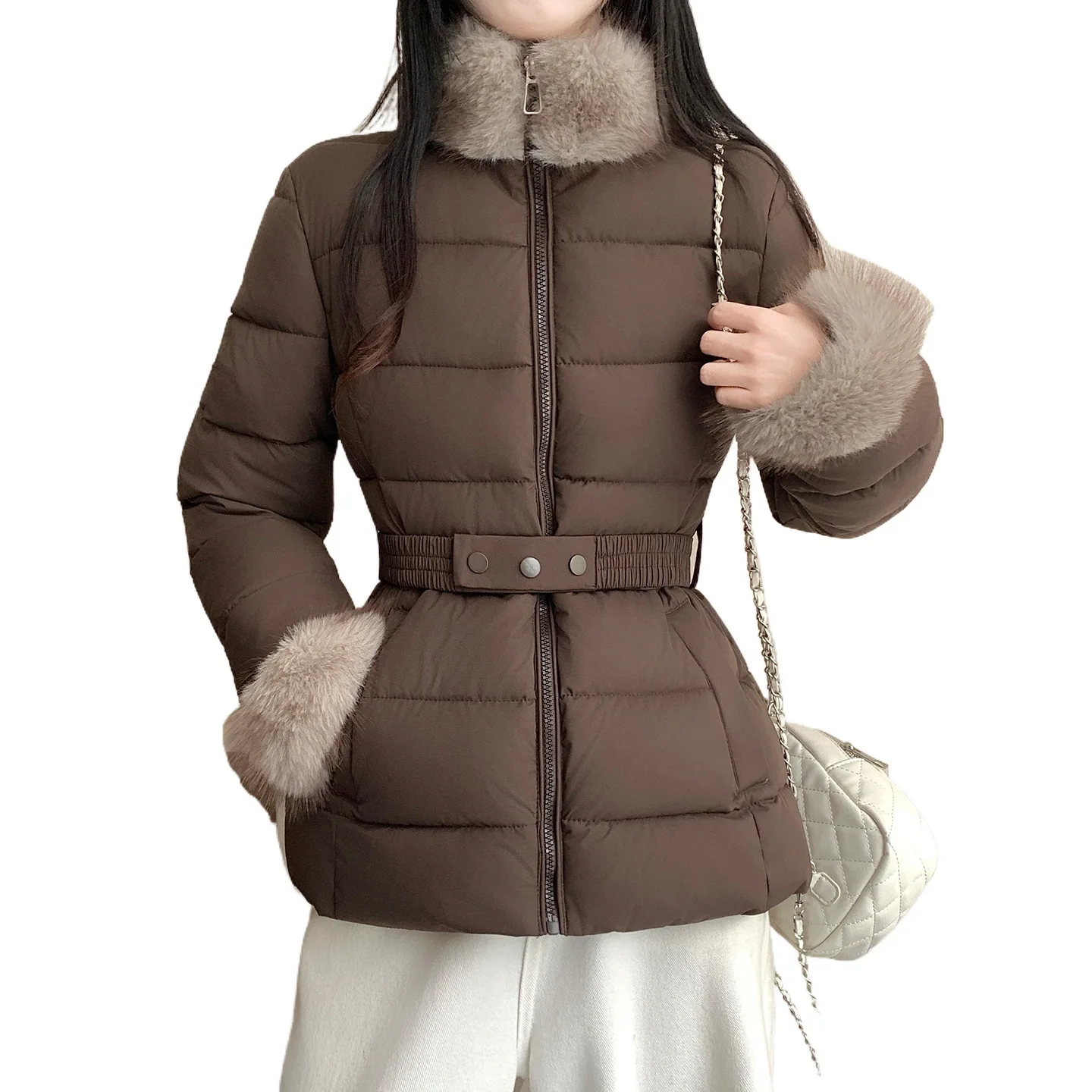 Parka Women Winter Cotton Padded Coat 2026 Belt Short Jacket Slim Imitation Fur Collar Cuff Down Cotton Jacket Female Outerwear
