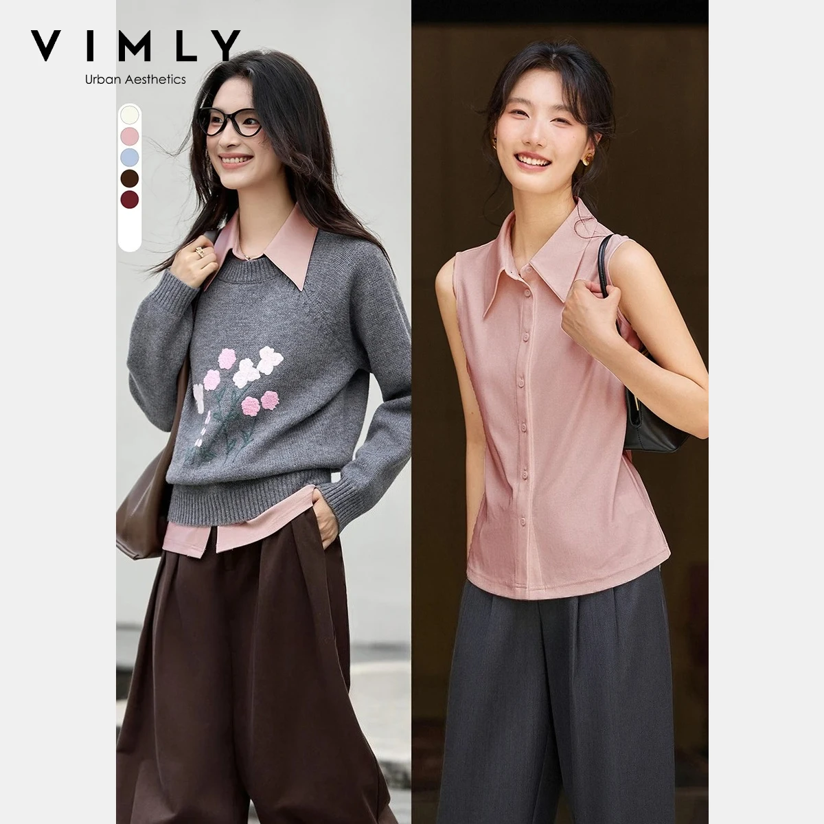 

VIMLY Women's Sleeveless Shirt 2025 Autumn New Solid Turn-Down Collar Single Breasted Blouses Draped Versatile Office Top A2871