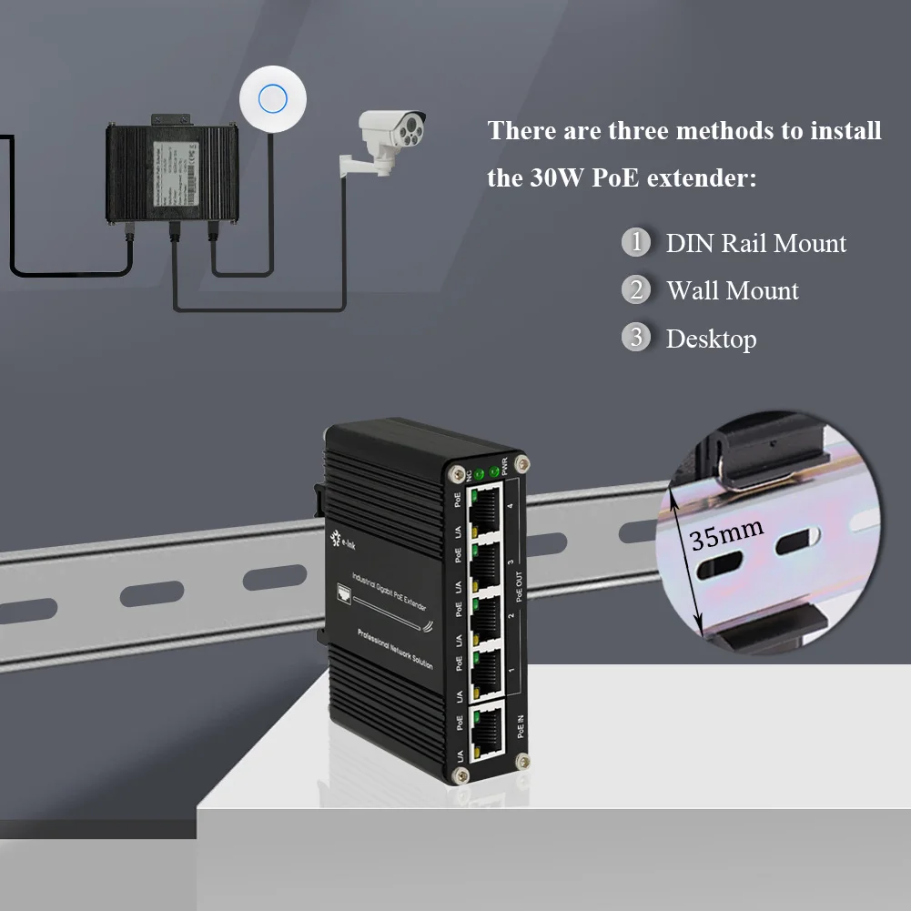 Imagem -04 - Mini Extensor Industrial do Gigabit Poe Repetidor do Poe Trilho do Ruído Montagem na Parede em para Fora 10 Mbps 100 Mbps 1000mbps Ieee802.3af em bt 30w 90w