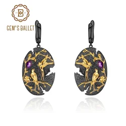 GEM'S BALLET 925 Sterling Silver Art Jewelry Handmade Loving Bird Tree Branch Nature Amethyst Woman’s Statement Earrings