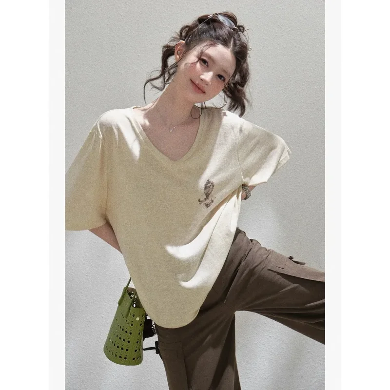 Women's Light Beige Oversized T-Shirt Abstract Ink Art Print on Back Half Sleeve Casual Loose Fit Top