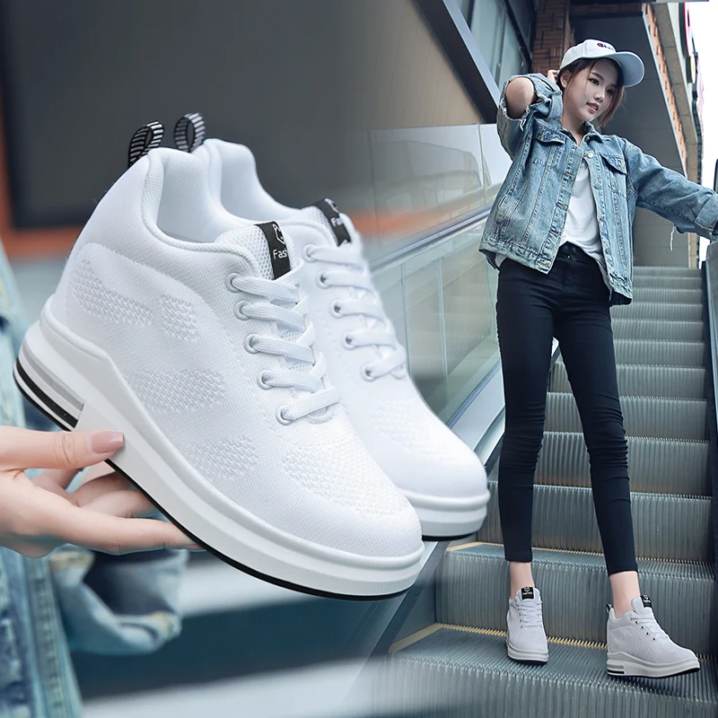 2024 Women Spring Casual Platform Shoes Fashion High Heels Woman Wedges Sneakers Shoes 8.5CM Heigh Increasing Outdoor White Shoe