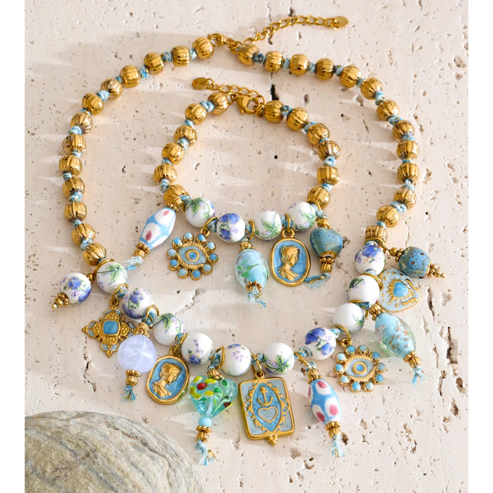Women's Handmade Beads Chain Ceramic Heart Eye Drop Necklace Bracelet Set