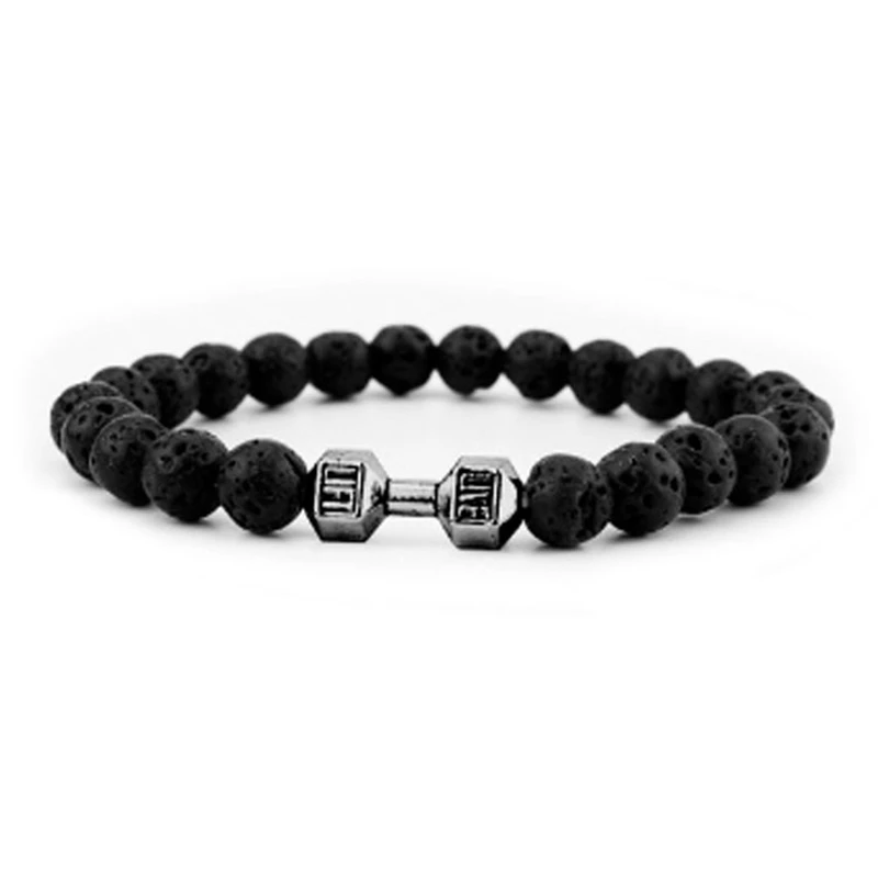 New Dumbbells Beaded Charm Bracelets For Men Women Natural Black Lava Stone Bangles Energy Yoga Fitness Barbell Jewelry Gifts