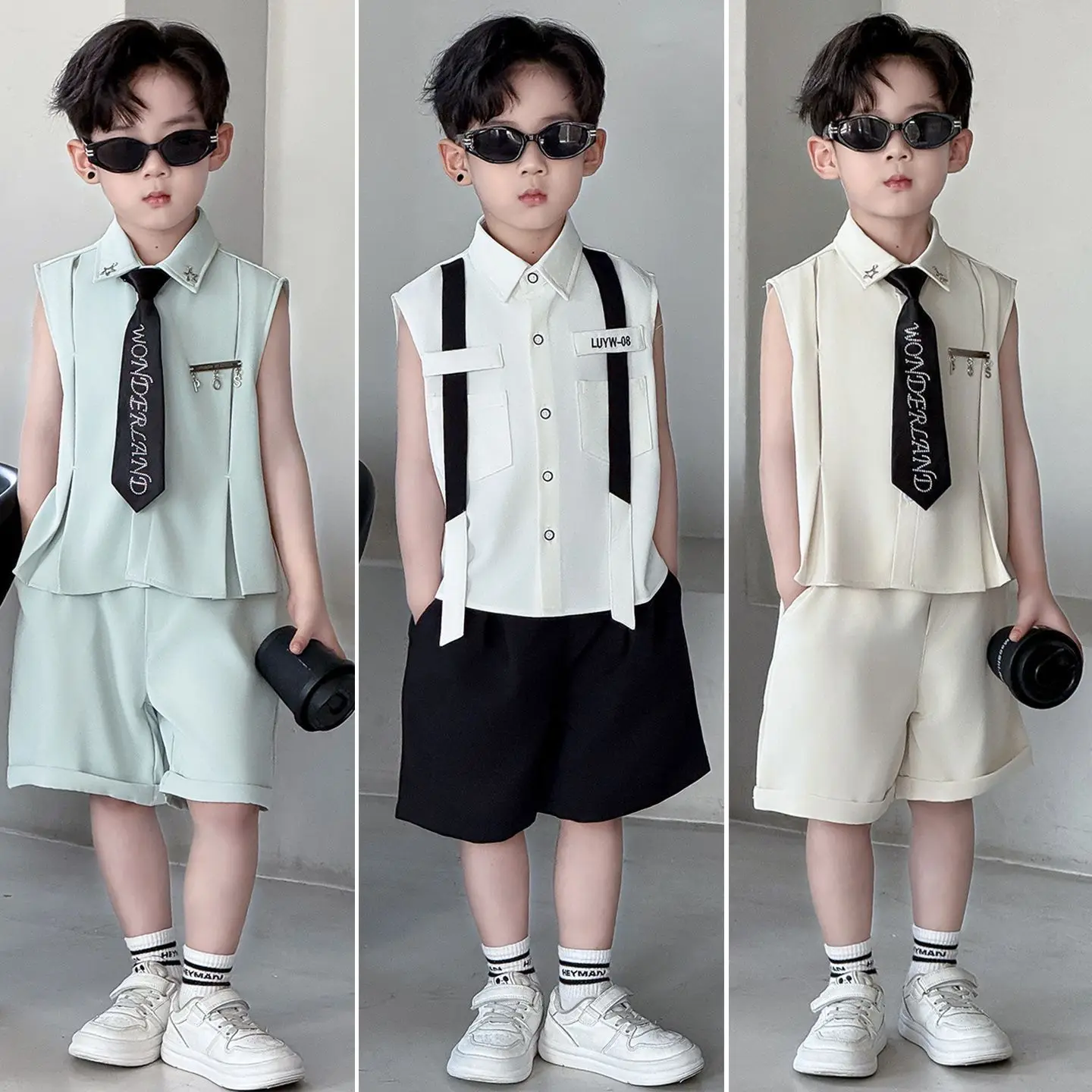 3 PCS set Summer Boy Soft Cool Short-sleeved TShirt+Shorts+Tie Kid Children baby Gentleman Handsome Streetwear Party Clothes