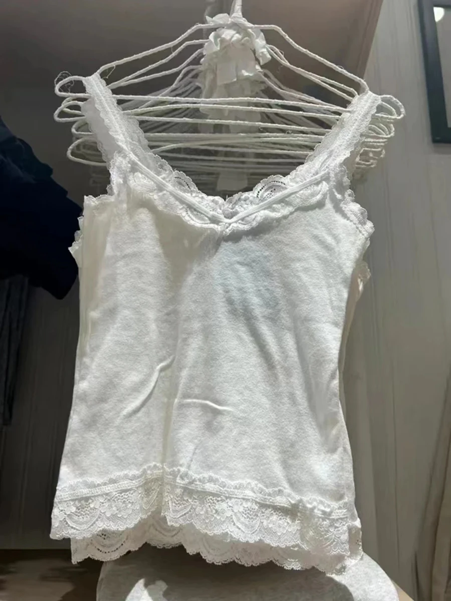 Süße Spitze Patchwork Schlank Tank Tops Frauen Sommer Weiß Sexy Einfache Baumwolle Weiche Ärmellose Westen Weibliche Vintage Chic Y2K Leibchen – Detail 9