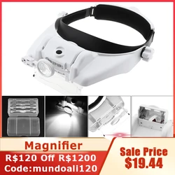 14.5X Headband Magnifier Eyeglass 15 Amplification Ratio Magnifi Glass Magnifying Lens  with 3 LED Light and 6 Lenses