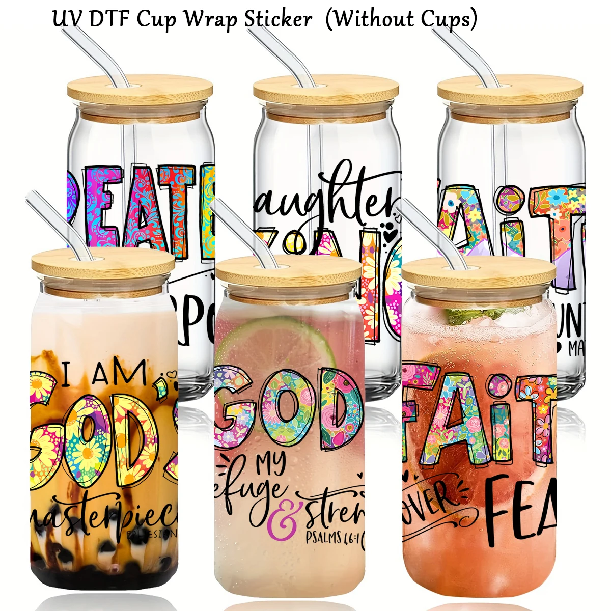 6Pcs/Pack UV DTF Cup Wraps Decals,Faith Can Move Mountains,Bible Verse Stickers DIY DTF Transfer Stickers for Mugs Water Bottle