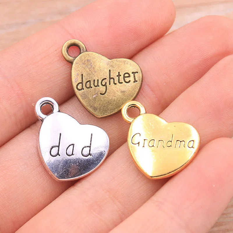 10PCS 17*18mm Three Color Metal Alloy Double Sided Heart Charms Alphabet Family Pendants For Jewelry Making DIY Handmade Craft