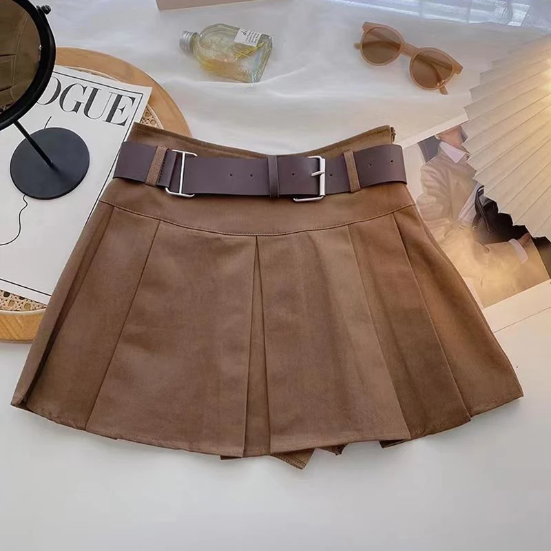 Solid Belt Mini Skirt Women Streetwear High Waist Black Pleated Skirts Preppy Korean Fashion Casual All Match A Line Skirt New