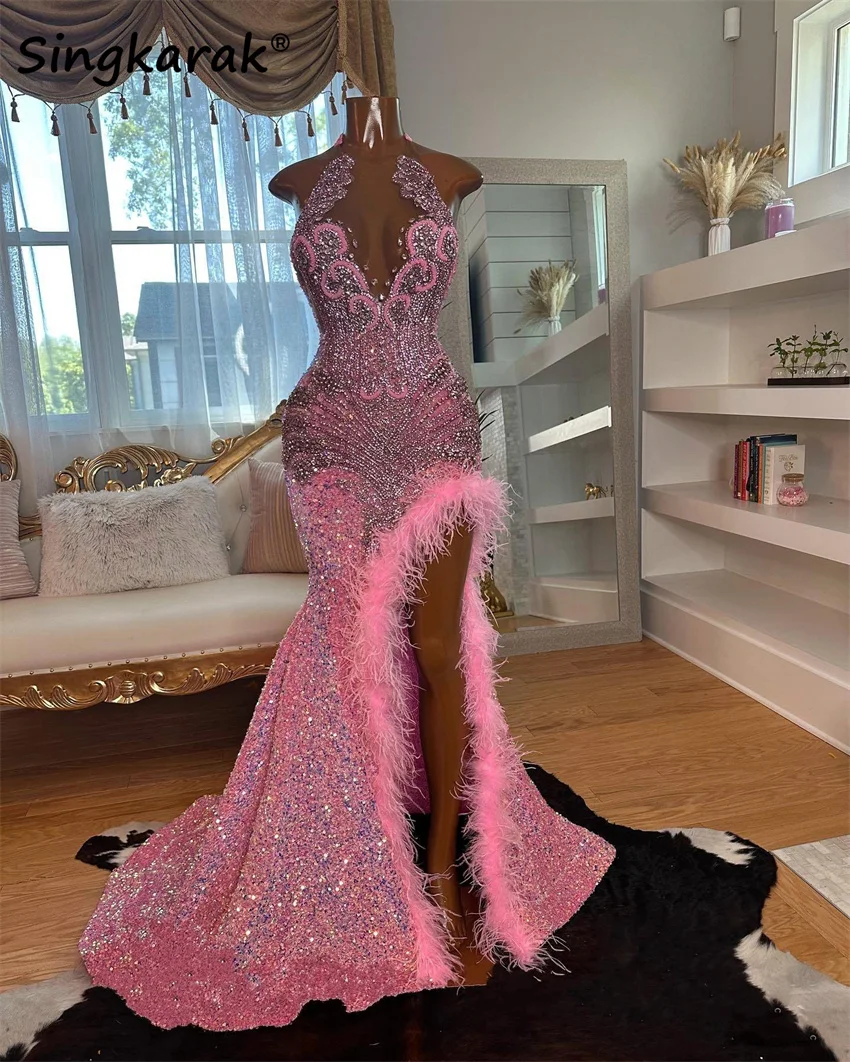 

New Design Pink Prom Dress Luxury Beads Rhinestones Diamonds Feather Wedding Gowns Robe De Bal Birthday Party Customized