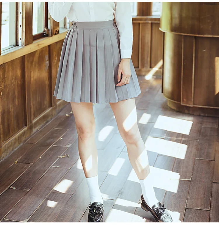 Womens Summer JK Uniform Pleated Short Skirt Mid-length Skirt Academic Style Waist Plus Size Black Student Skirt