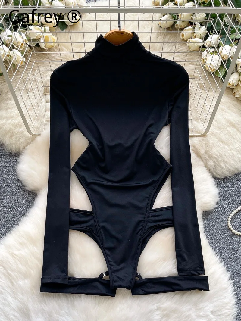 Sexy Black Zip-up High Neck Bodysuit Women Fashion Long Sleeve Cut Out Slim One Piece Body Top Fashion Street Clubwear