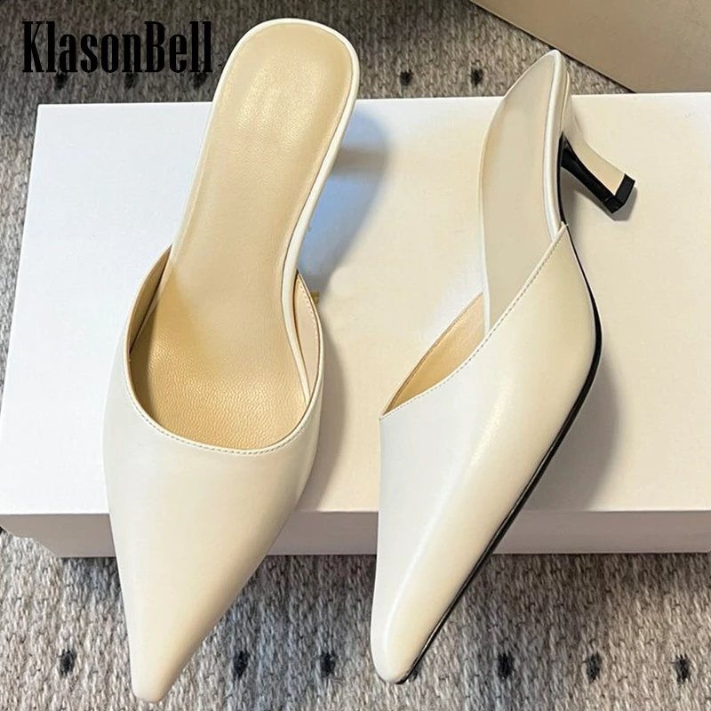 

4.10 KlasonBell Kitten Heel Pointed Toe Slippers For Women Simple Elegant Genuine Leather Slip-ons Sandals