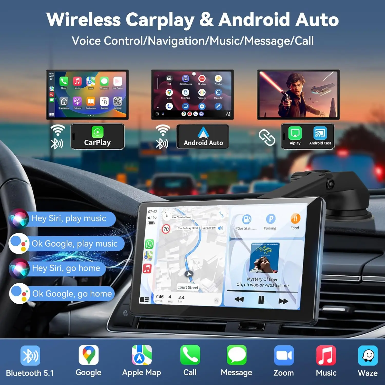 شاشة CarPlay وAndroid Auto مقاس 9 بوصات مع كاميرا احتياطية بدقة 1080 بكسل، وGPS، والتحكم الصوتي، وAUX، SuperLink #2