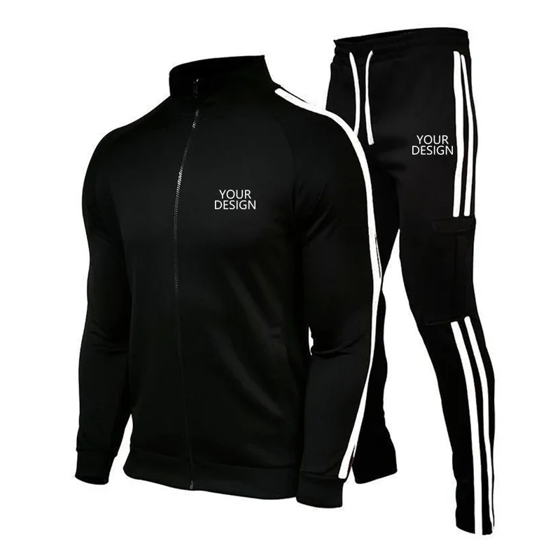 Custom Logo Men's 2 Piece Casual Tracksuit Spring Autumn Zipper Long Sleeve Jacket & Elastic Waist Pants Set