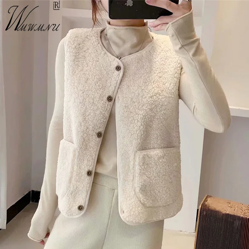 

Korean Fashion Short Lambwool Vest Women Fall Warm Teddy Sleeveless Jacket Oversize 90kg Chalecos Single Breasted Waistcoat