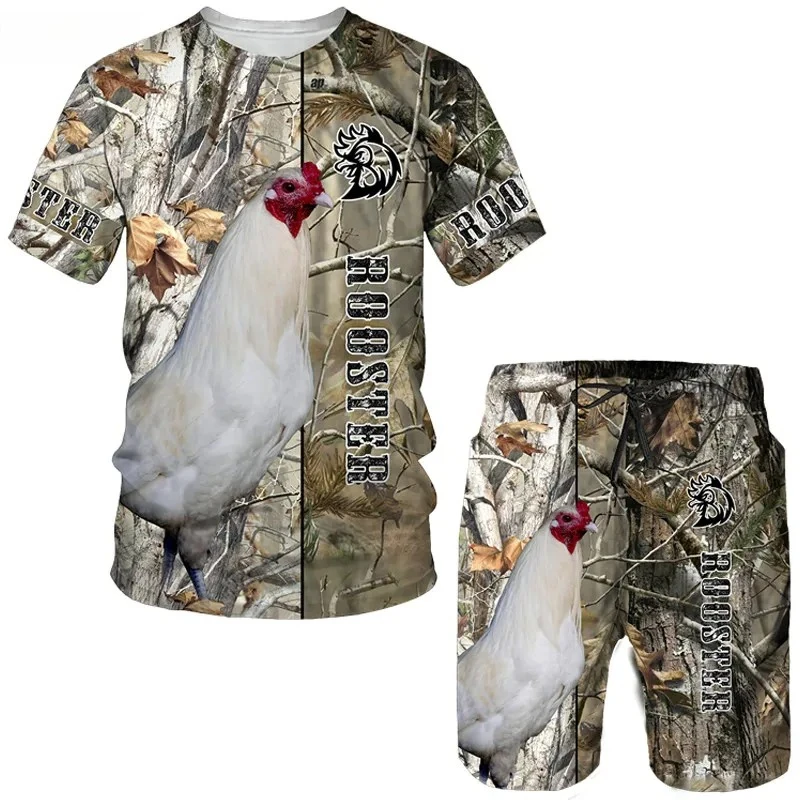 2025 Chicken Rooster Animal Men's 3D Printing Summer Men's Leisure Sports Set Fun Hunting Chicken Camo T-shirt Shorts Set