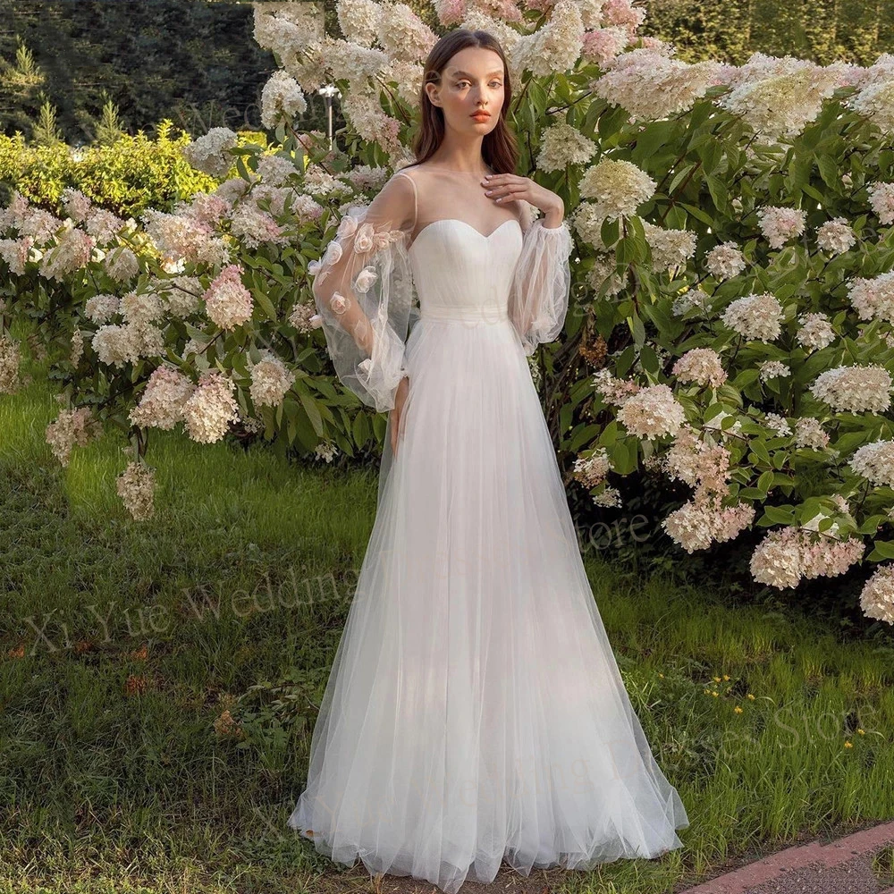 

New Elegant A Line Tulle Wedding Dresses For Women Long Puff Sleeve Illusion Bride Gowns With Flowers Backless Vestidos De Novia