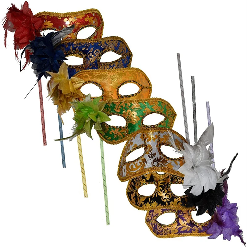 

24 PCS Venetian Masquerade Half Face Mask on Stick with Flower Christmas Halloween Party Sexy Carnival Prom Masks Wholesale XB