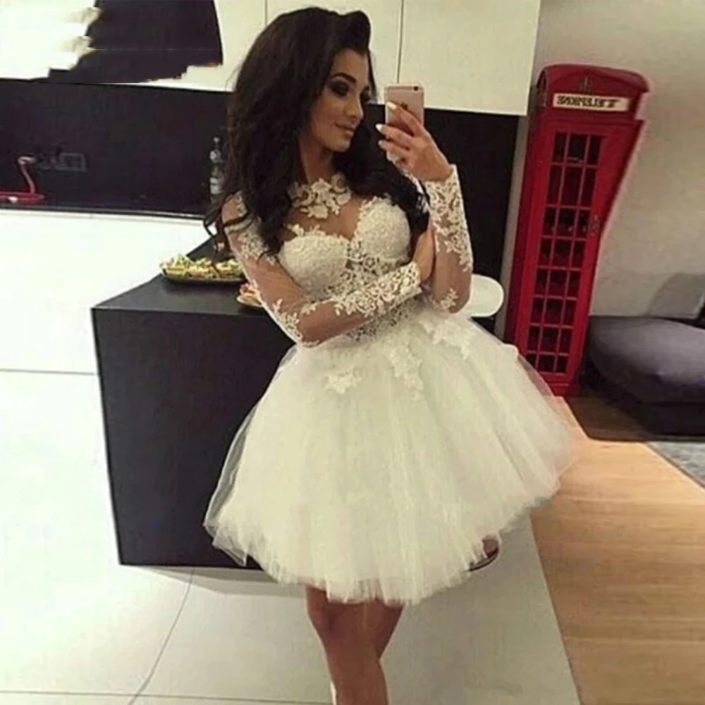 

Bealegantom Long Sleeves White Short Homecoming Dresses Tulle Appliques Lace Mini Graudation Cocktail Prom Party Gown QA247