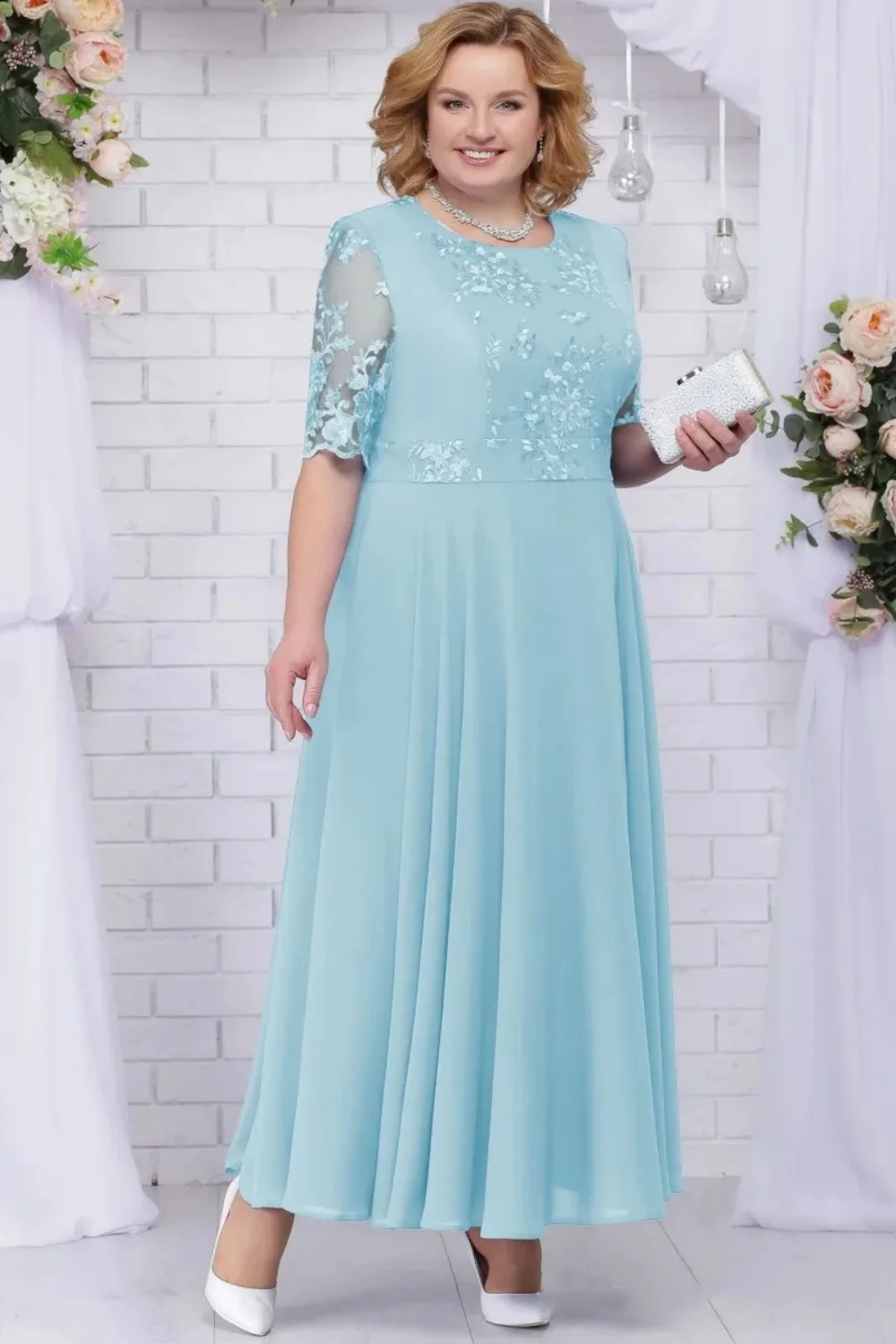 

New Simple Mother Dress For Bride O-Neck Half Sleeves Prom Dress Formal Evening Dress Lace Appliques A-Line Chiffon Party Dress