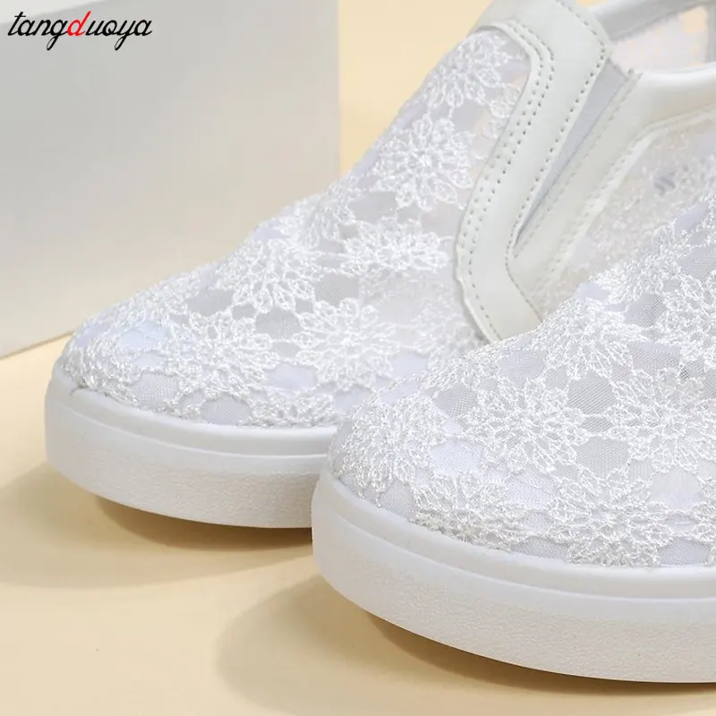 Women Shoes Fashion Summer White Lace Flower Sneakers Casual mesh Breathable Wedge Platform Sneakers Women Loafers plus size 42